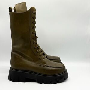 Free People Jones Lug Sole Lace Up Boots Army Green Leather Boots NEW - Women’s